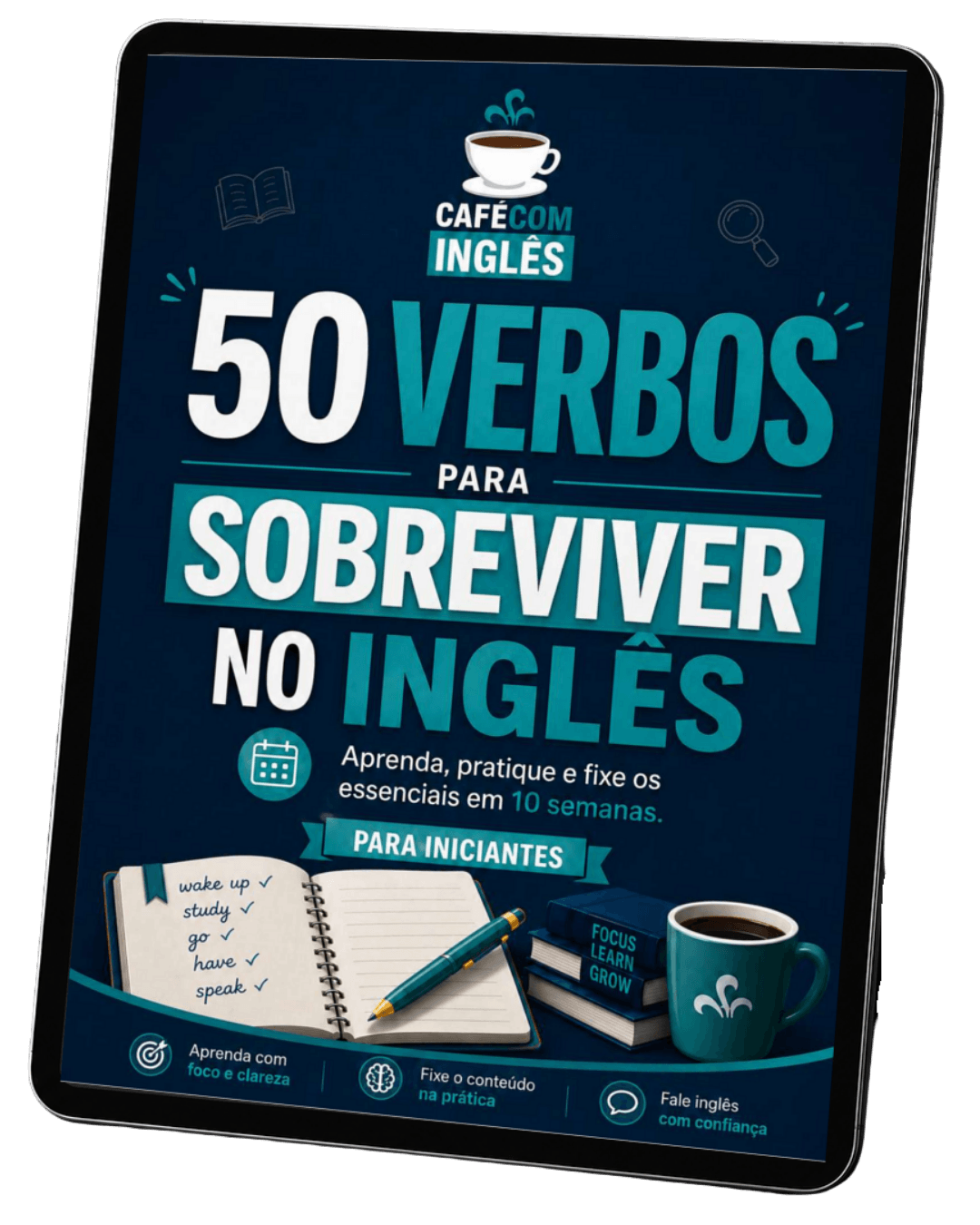 Ebook 50 Verbos para Sobreviver no Inglês exibido em um tablet